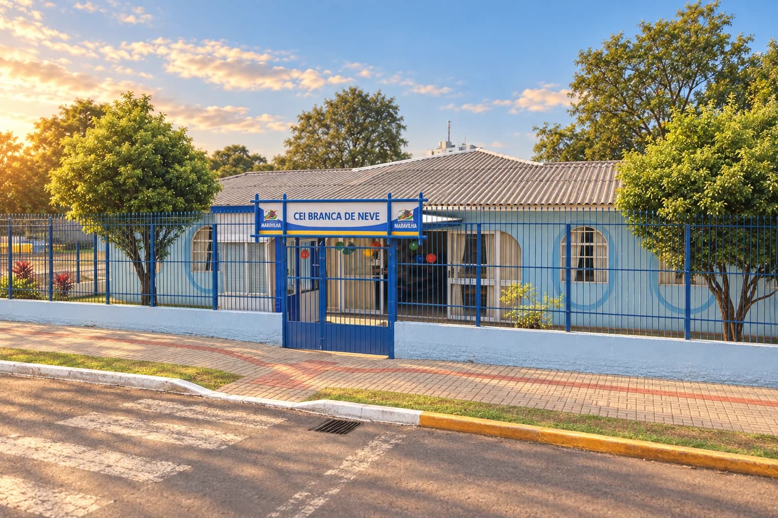 Recriação artística do CEI Branca de Neve: fachada azul-clara, janelas arqueadas e letreiro entre árvores.