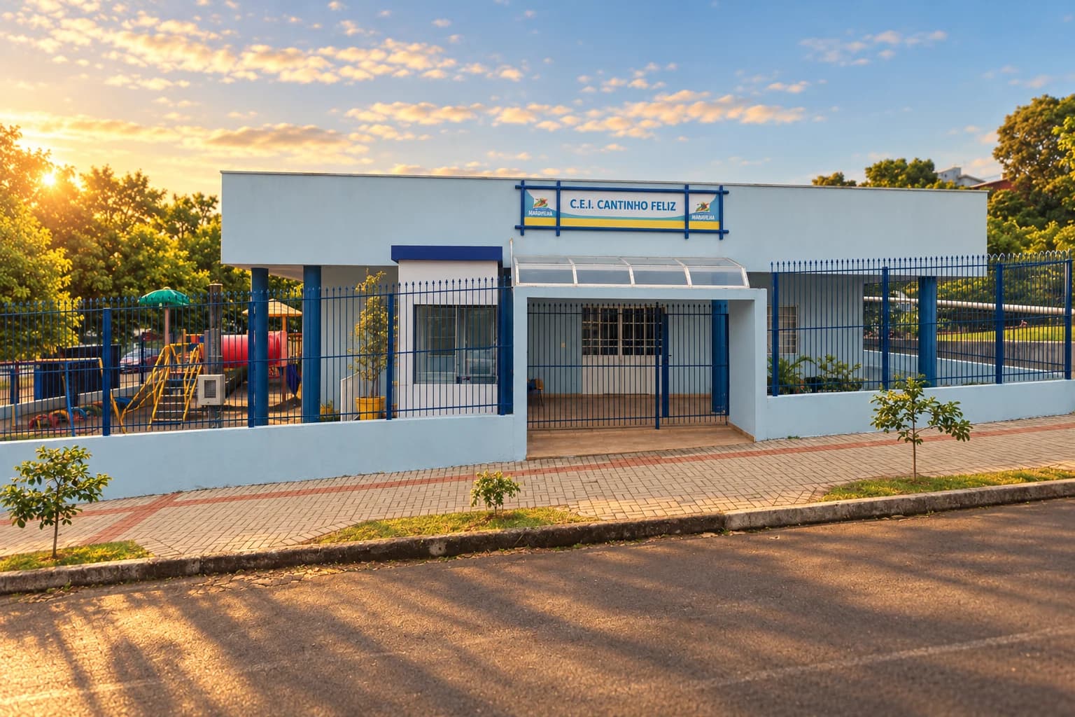 Recriação artística do CEI Cantinho Feliz: portal com cobertura curva, grades azuis e playground.