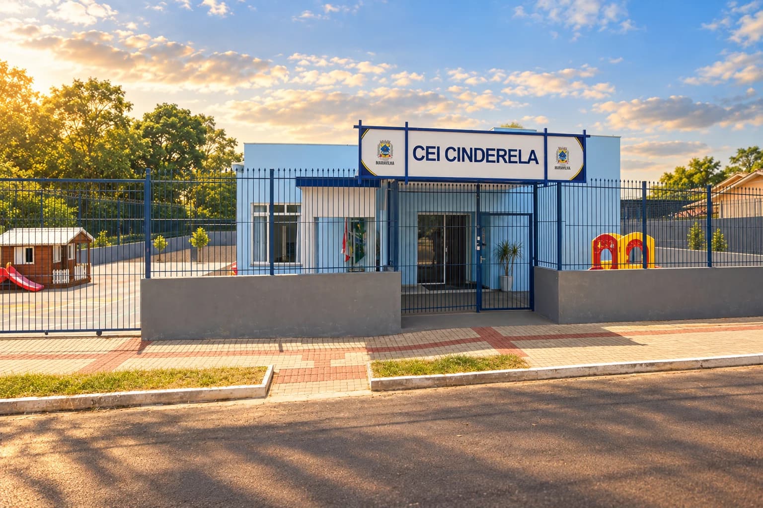Recriação artística da nova sede do CEI Cinderela: fachada azul-clara, letreiro, portão e playground.