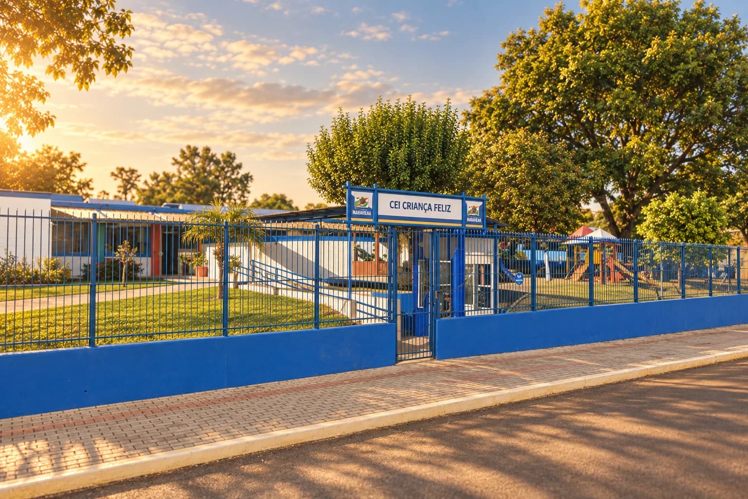 Recriação artística do CEI Criança Feliz: fachada e grades azuis, acesso coberto e árvores ao fim da tarde.