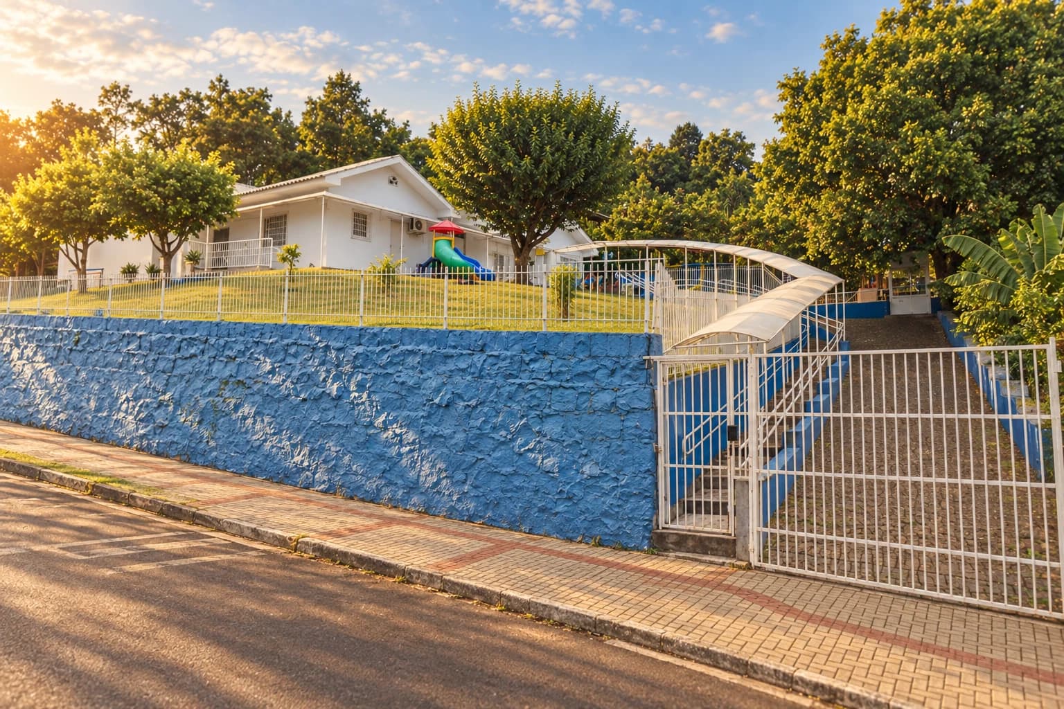 Recriação artística do CEI Erica Maldaner: edifício branco, muro azul de pedra e acesso coberto na encosta.