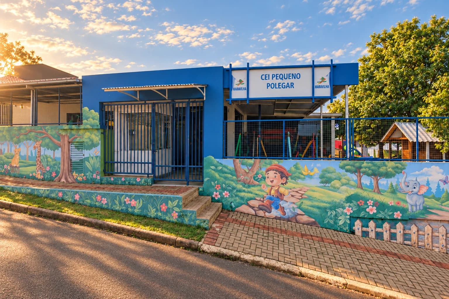 Recriação artística do CEI Pequeno Polegar: fachada azul, entrada e murais de personagens e animais.