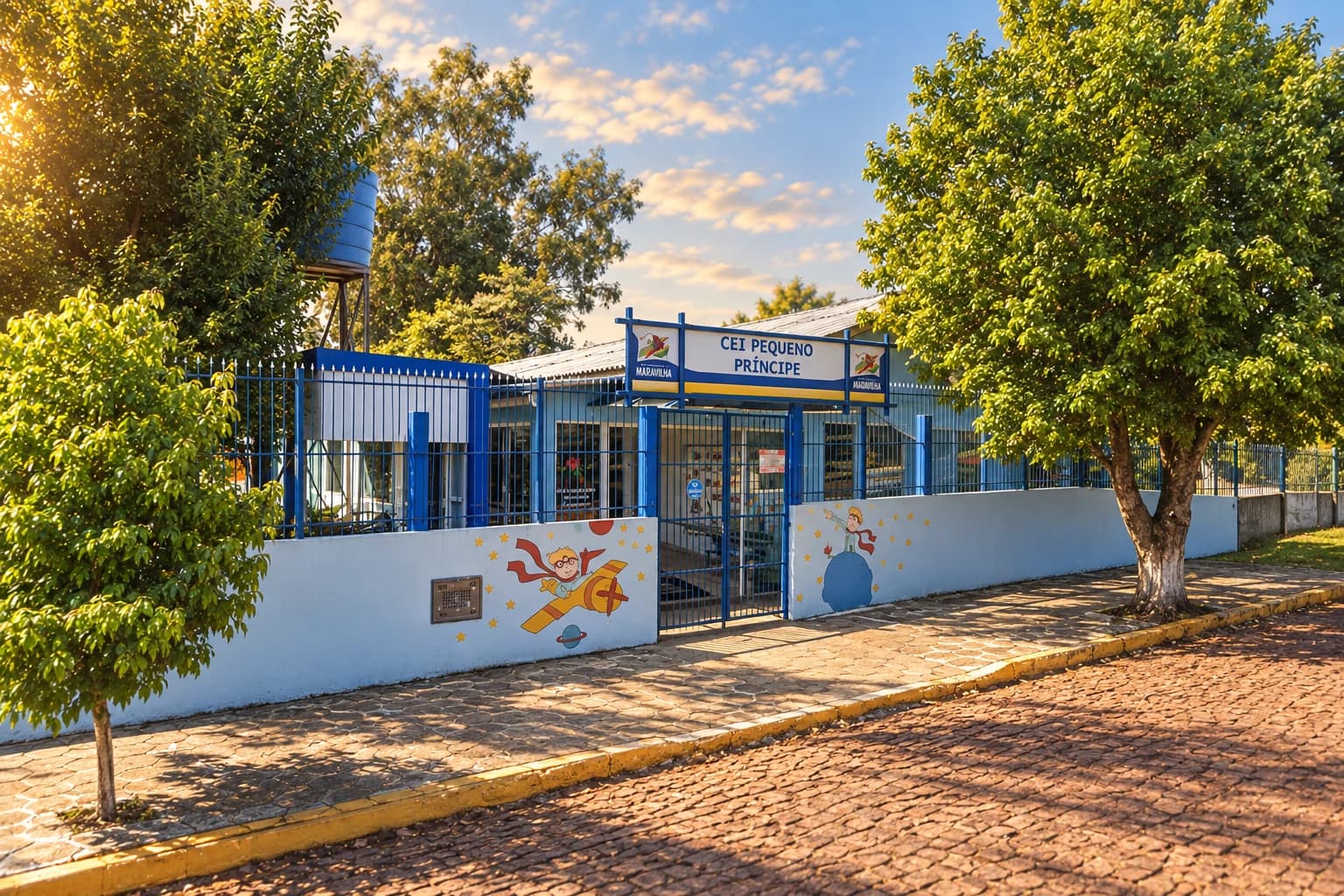 Recriação artística do CEI Pequeno Príncipe: letreiro, murais no muro e árvore junto à rua de pedras.