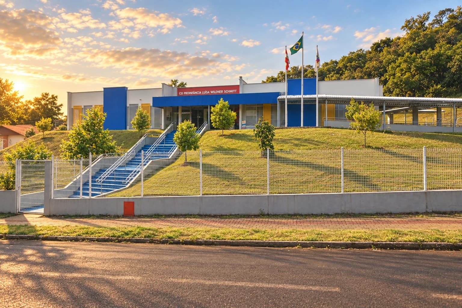 Recriação artística do CEI Proinfância Luísa Wildner Schmitt: fachada branca e azul, placa vermelha e escadaria.