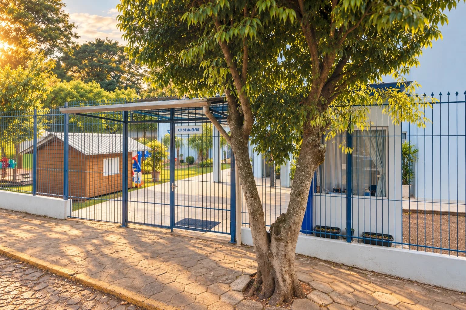 Recriação artística do CEI Sílvia Ebert: árvore junto à entrada, acesso coberto, fachada azul-clara e casinha.