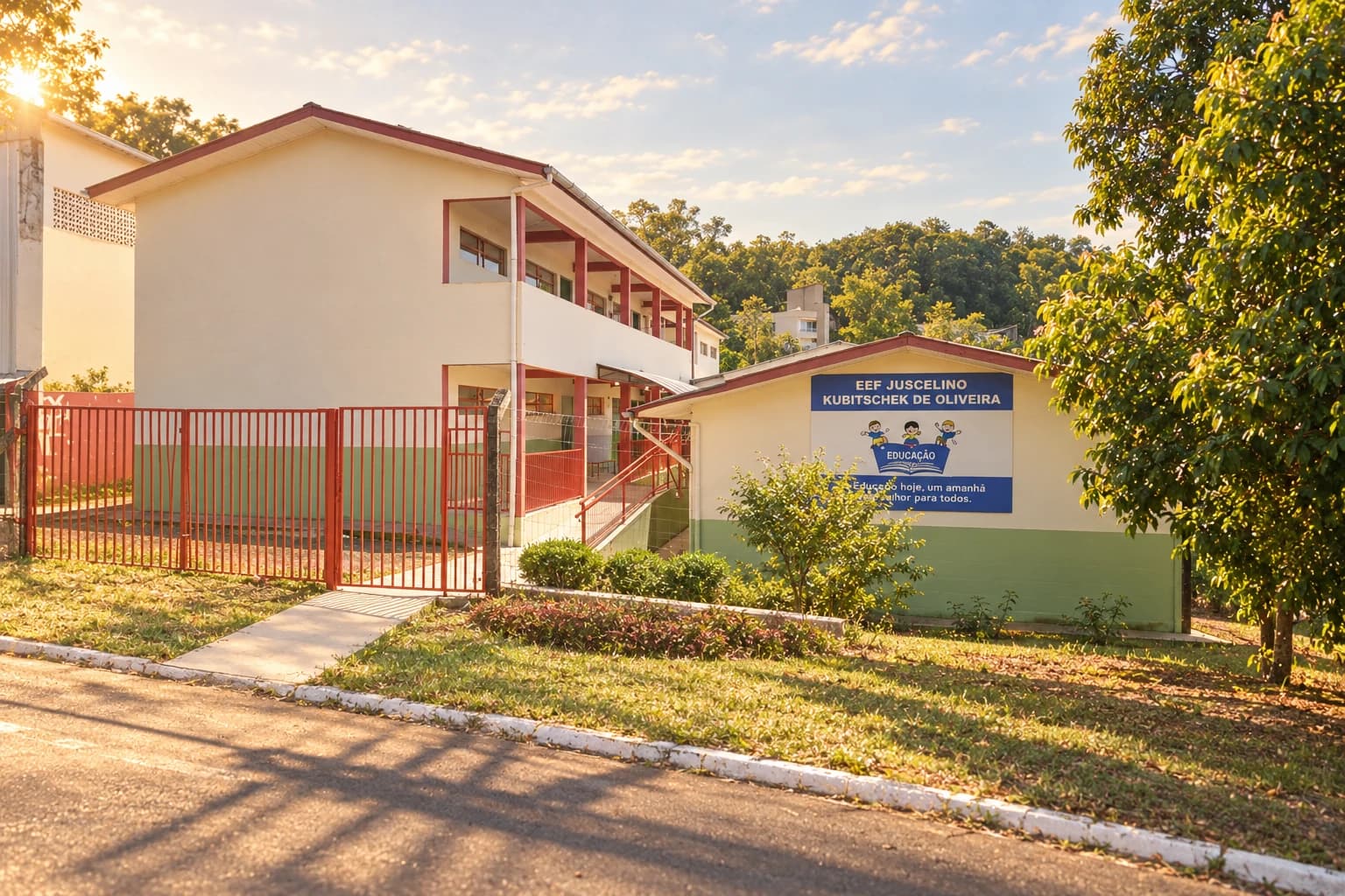 Recriação artística da EEF Juscelino Kubitschek de Oliveira: fachada, letreiro e entrada sob luz de fim de tarde.
