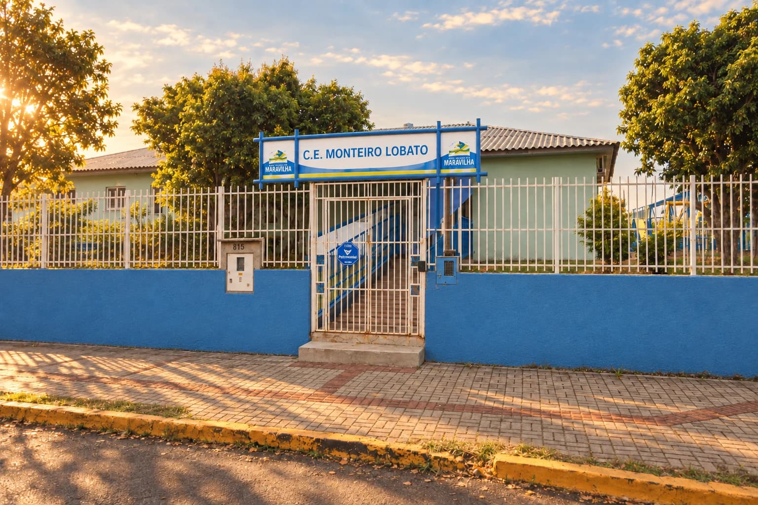 Recriação artística do Centro Educacional Monteiro Lobato: placa, portão branco e muro azul com pintura recuperada.