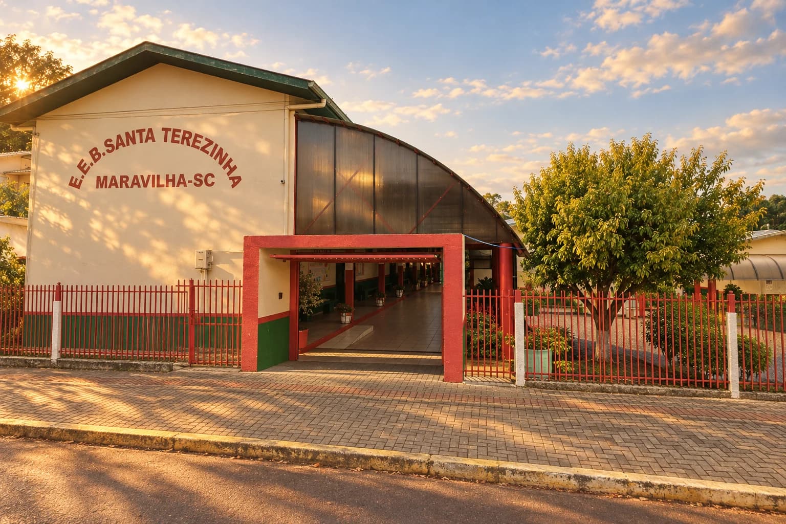 Recriação artística da EEB Santa Terezinha: nome da escola, portal vermelho e árvore sob luz de fim de tarde.